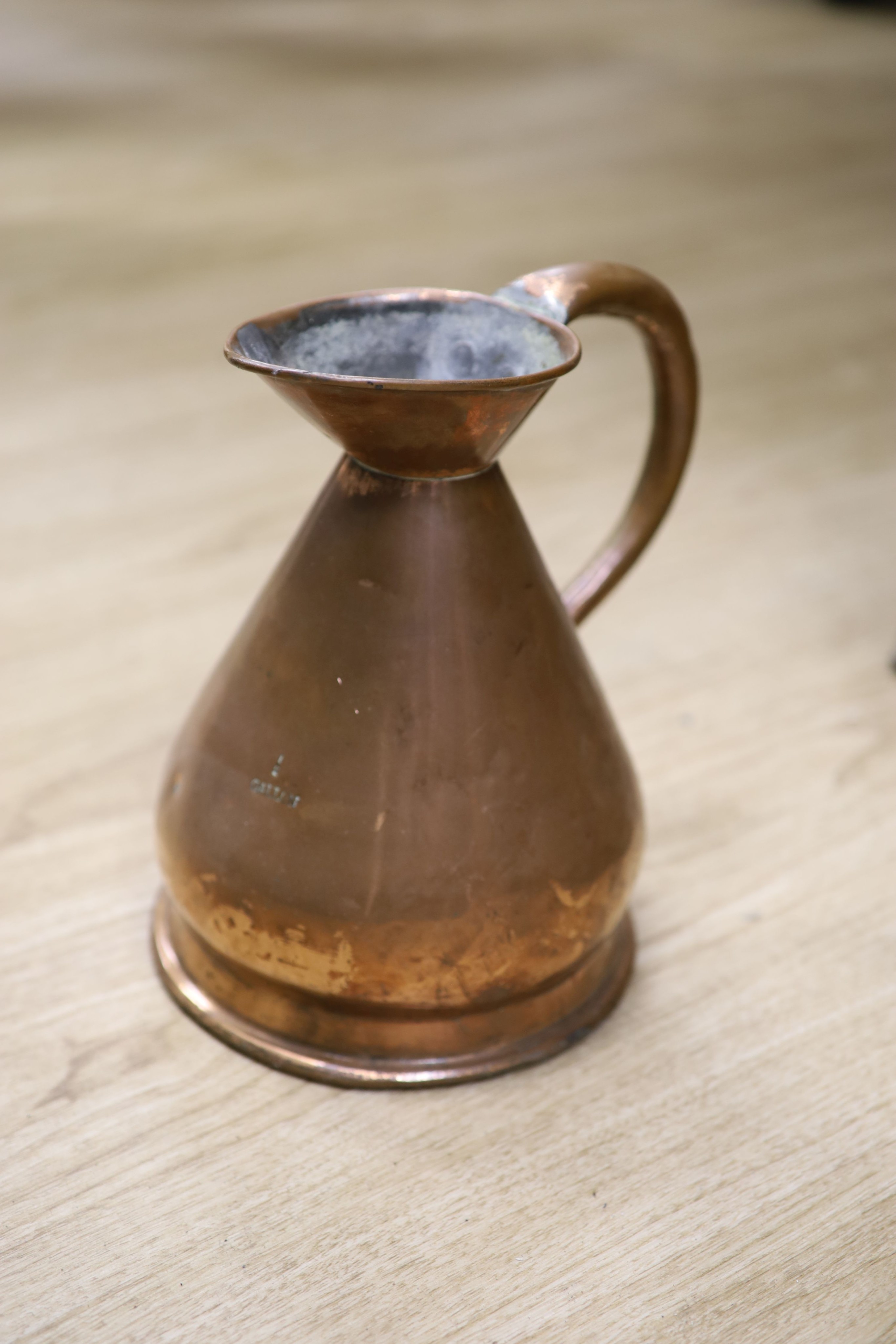 Two copper coal bins and a jug